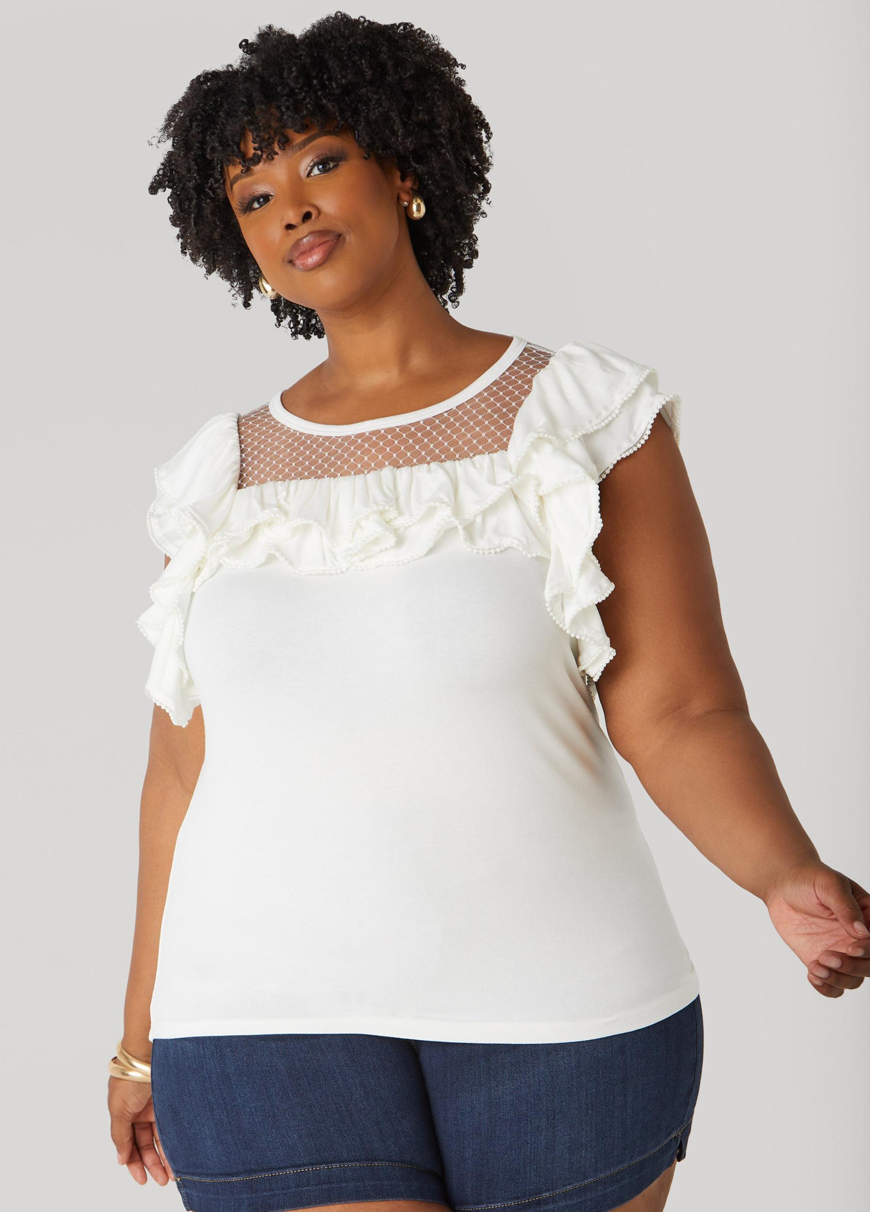 Plus Size Faux Pearl Mesh Paneled Top Ashley Stewart Product Image