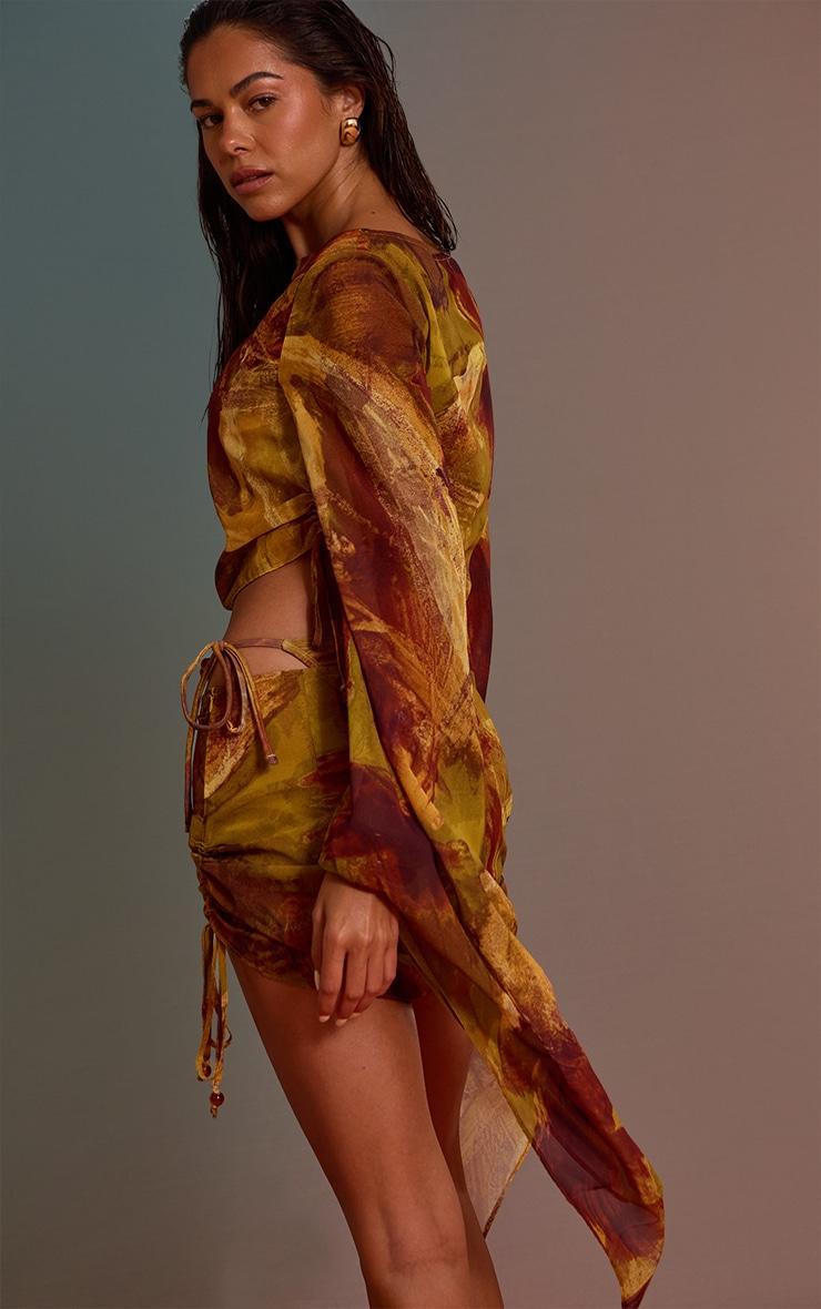  Green Abstract Print Bead Trim Chiffon Beach Top Product Image