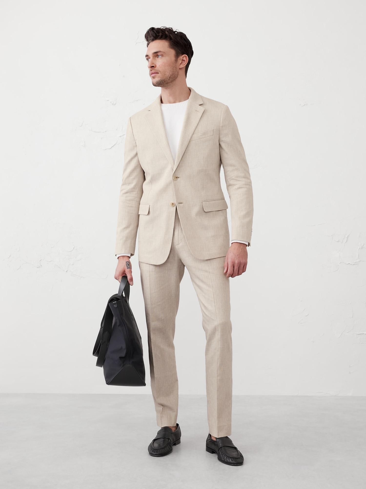 Tailored-Fit Linen-Blend Stone Glen Plaid Suit Jacket Product Image