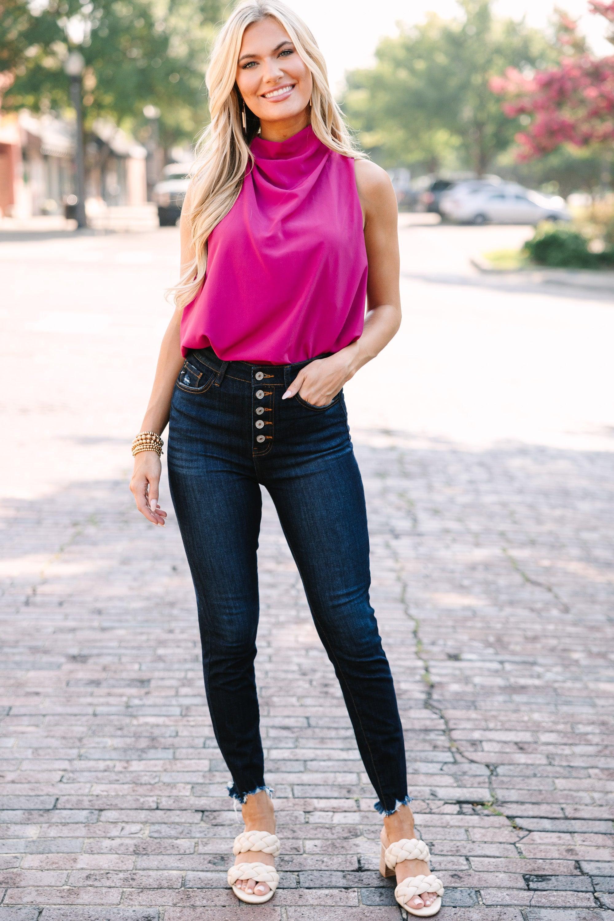 Tell Your Story Magenta Pink Cowl Neck Tank Female Product Image