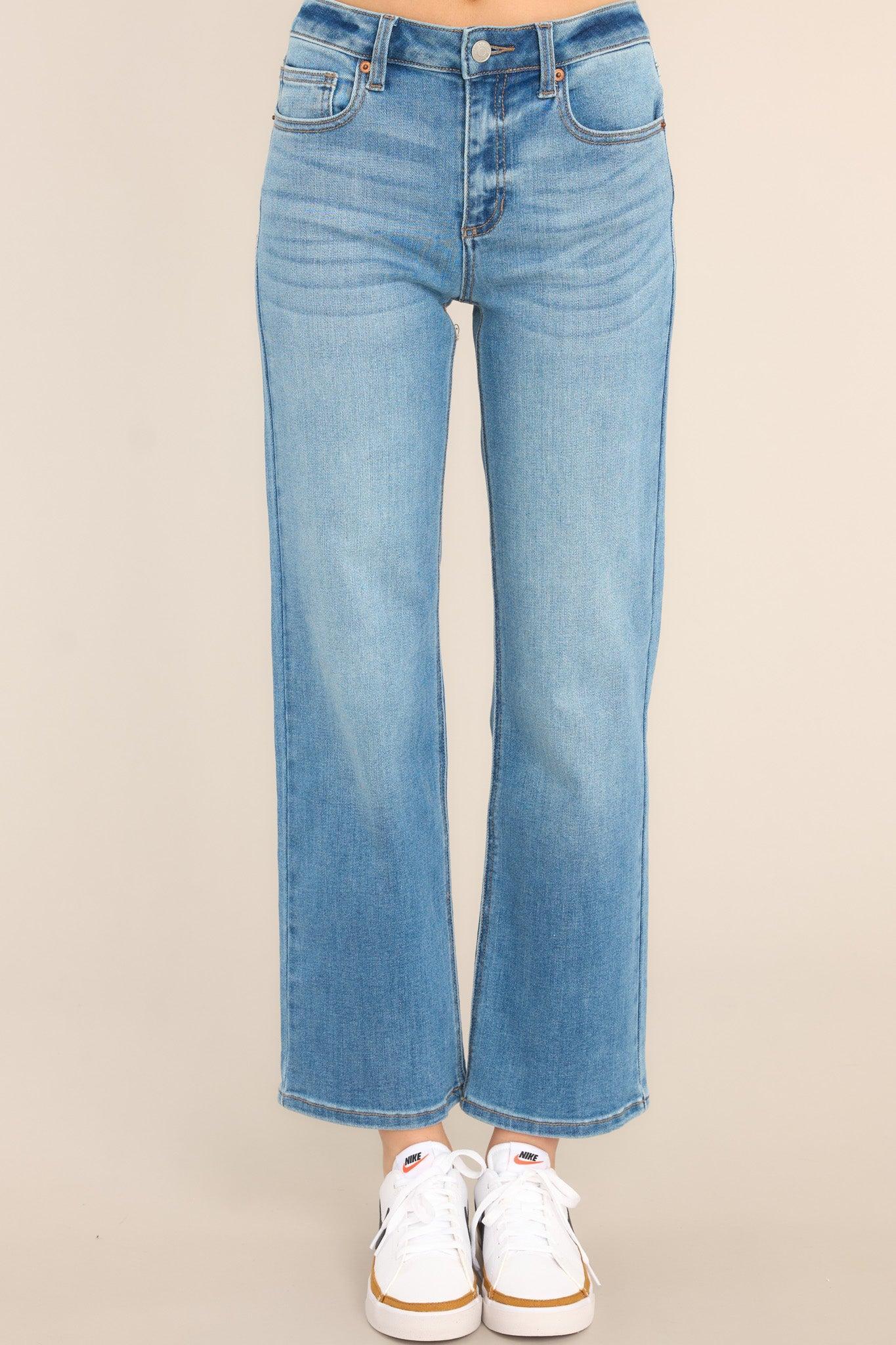 Sneak Peek Medium Wash High Rise Straight Leg Jeans Blue Product Image