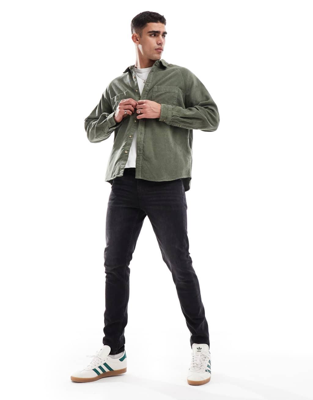 ASOS DESIGN 90s oversized cord shirt with square collar in khaki Product Image