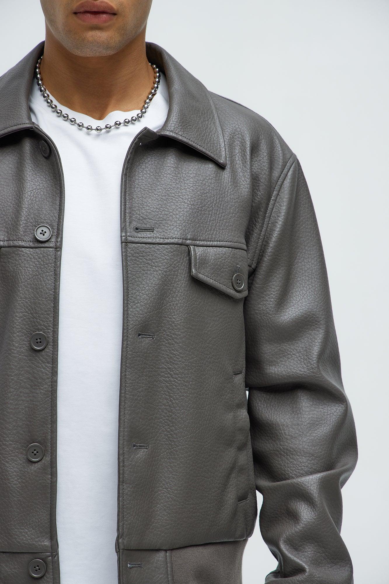 Carver Faux Leather Collar Bomber Jacket - Grey Product Image