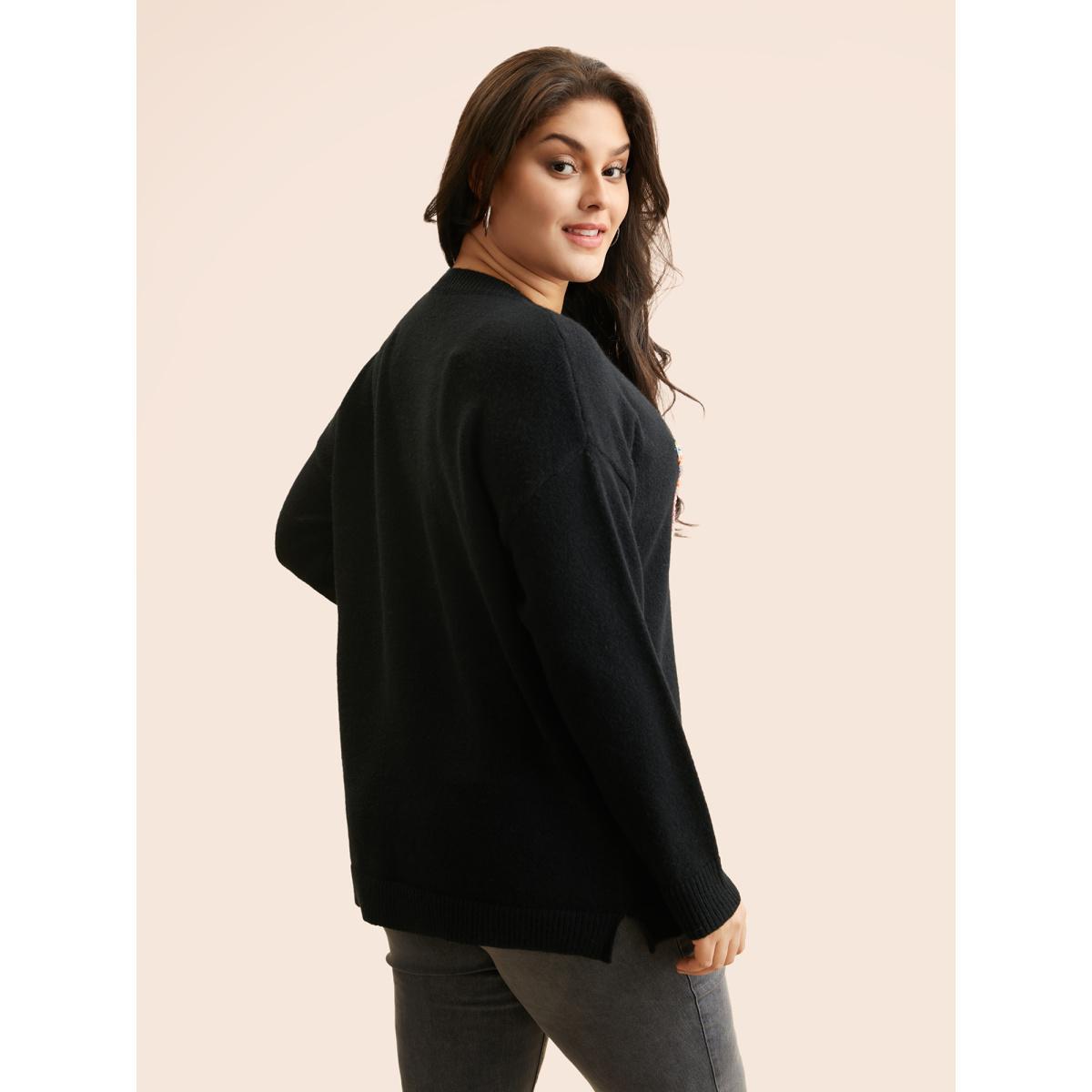 Plus Size Butterfly Jacquard Drop Shoulder Pullover Black Women Casual Long Sleeve Round Neck Everyday Pullovers BloomChic 14-16/1X Product Image
