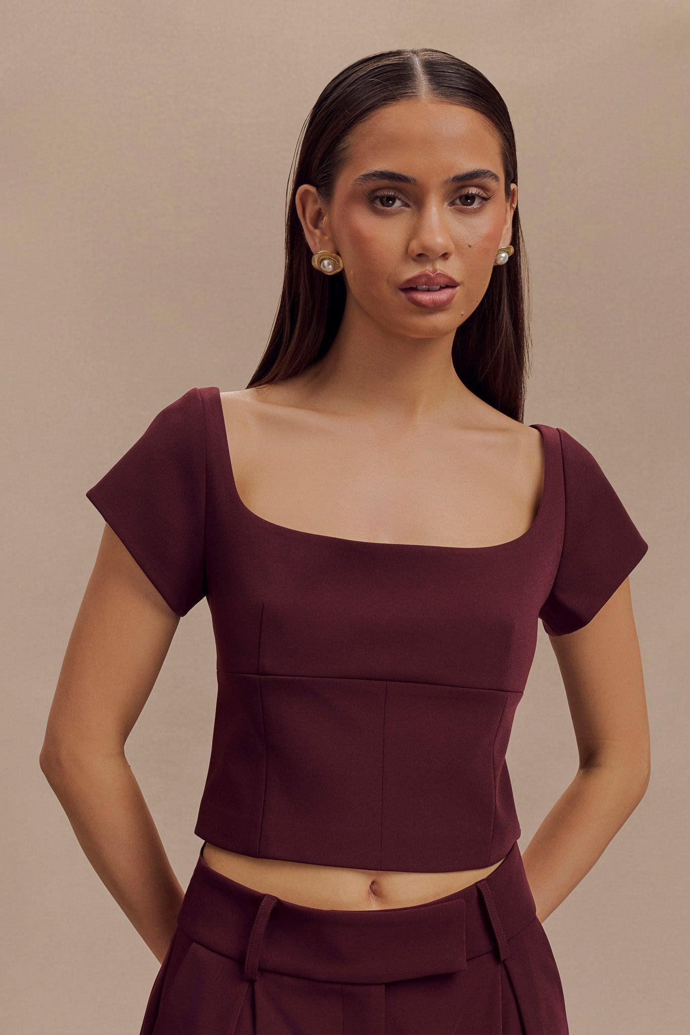 Ellis Cap Sleeve Longline Suiting Top - Mahogany Product Image