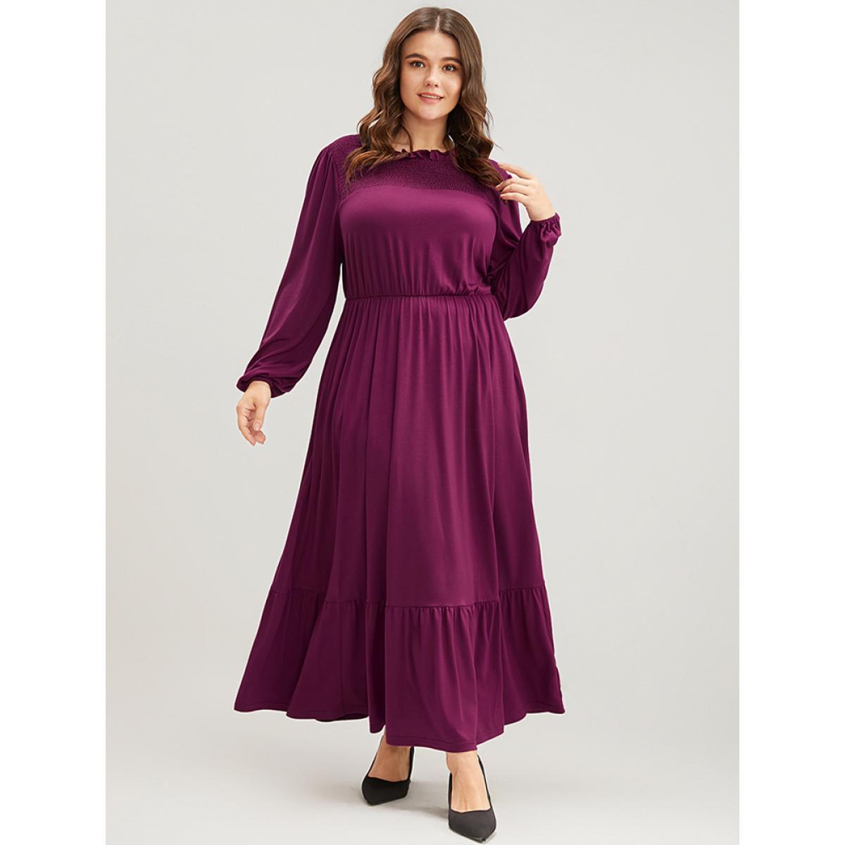 Plus Size Solid Frill Trim Shirred Lantern Sleeve Pocket Flutter Maxi Dress Purple Women Elegant Pocket Round Neck Long Sleeve Curvy Long Dress BloomChic 10/M Product Image