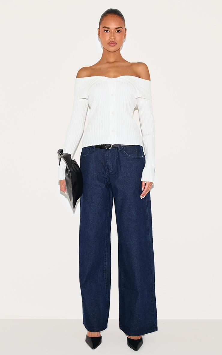 Cream Rib Knit Fold Over Button Up Top Product Image