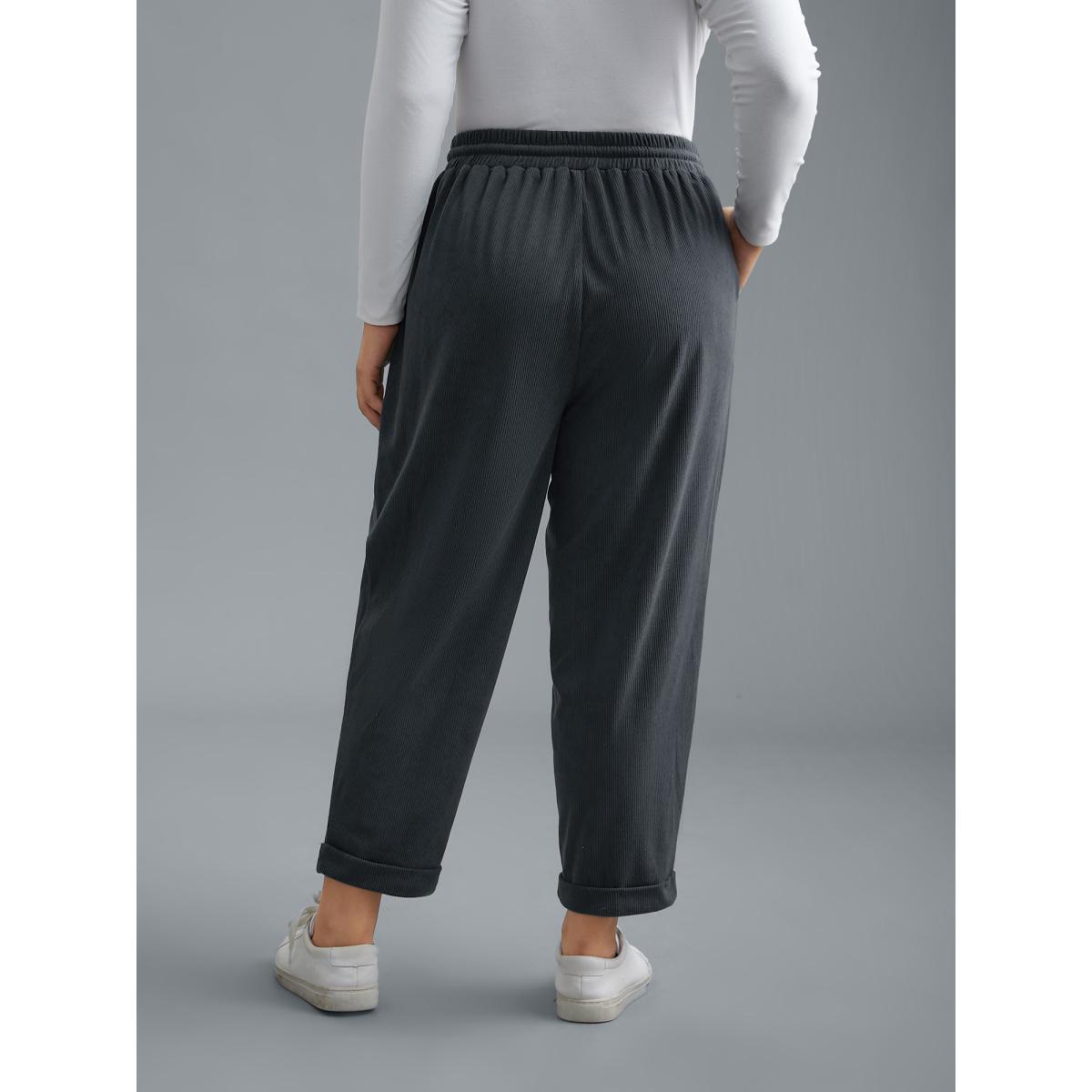 Plus Size Plain Drawstring Slant Pocket Roll Hem Pants Women SlateGray Casual Loose Mid Rise Everyday Pants BloomChic 14-16/1X Product Image