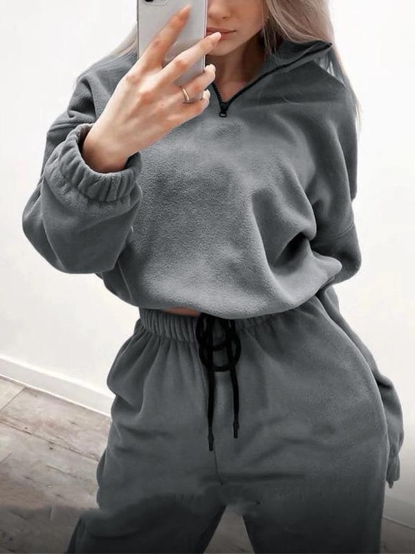 Solid Half Zip Short Hoodie & Bound Feet Sweatpants Set Product Image