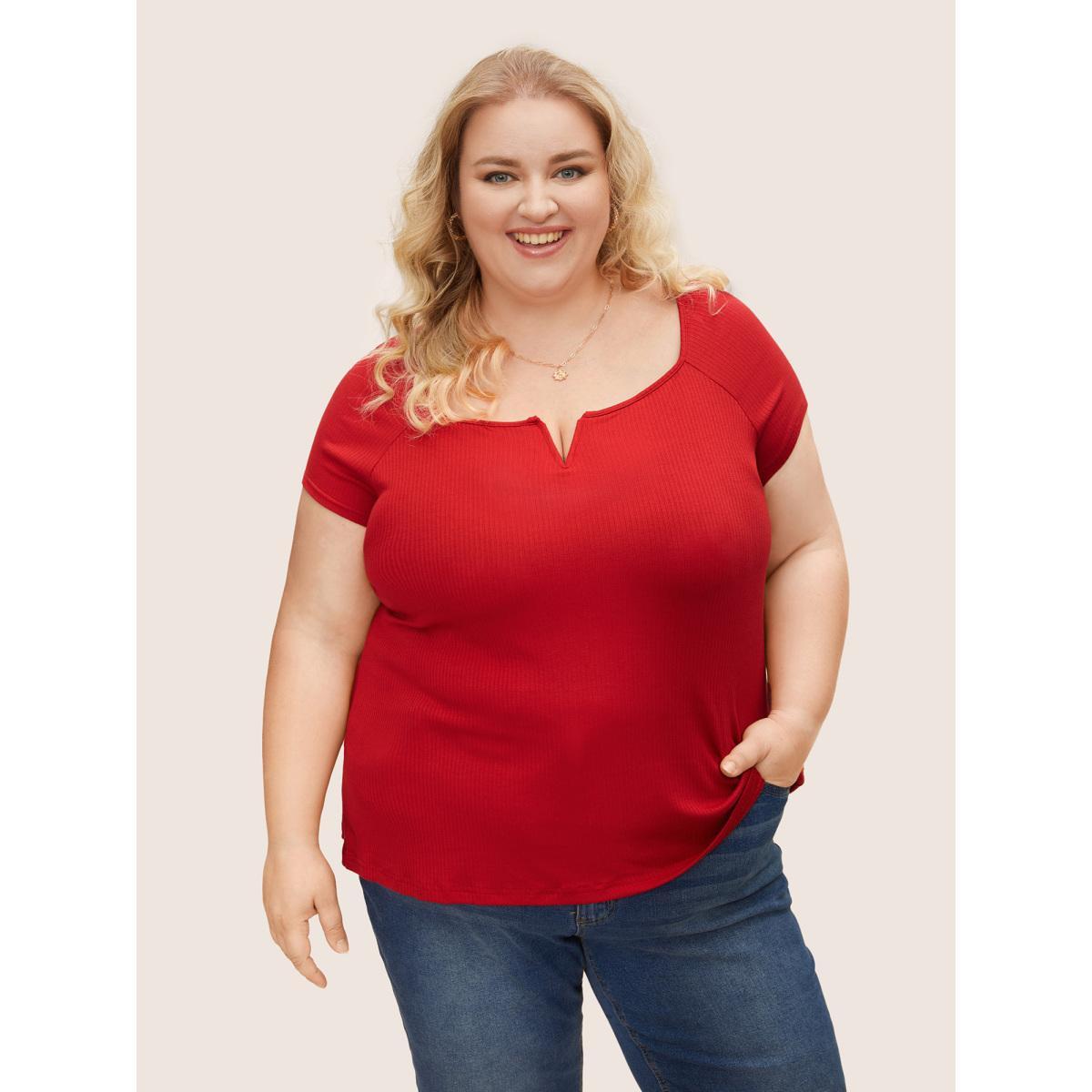 Plus Size Solid Notched Collar Pit Strip T-shirt Brightred Women Timeless Non Notched collar Bodycon Elegant T-shirts BloomChic 26/4X Product Image