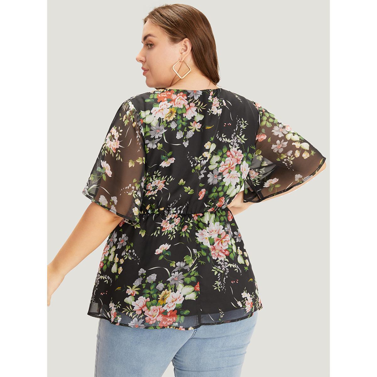 Plus Size BlackFlower Floral Wrap Mesh Sleeve Blouse Women Elegant Half Sleeve V-neck Dailywear Blouses BloomChic 30/6X Product Image