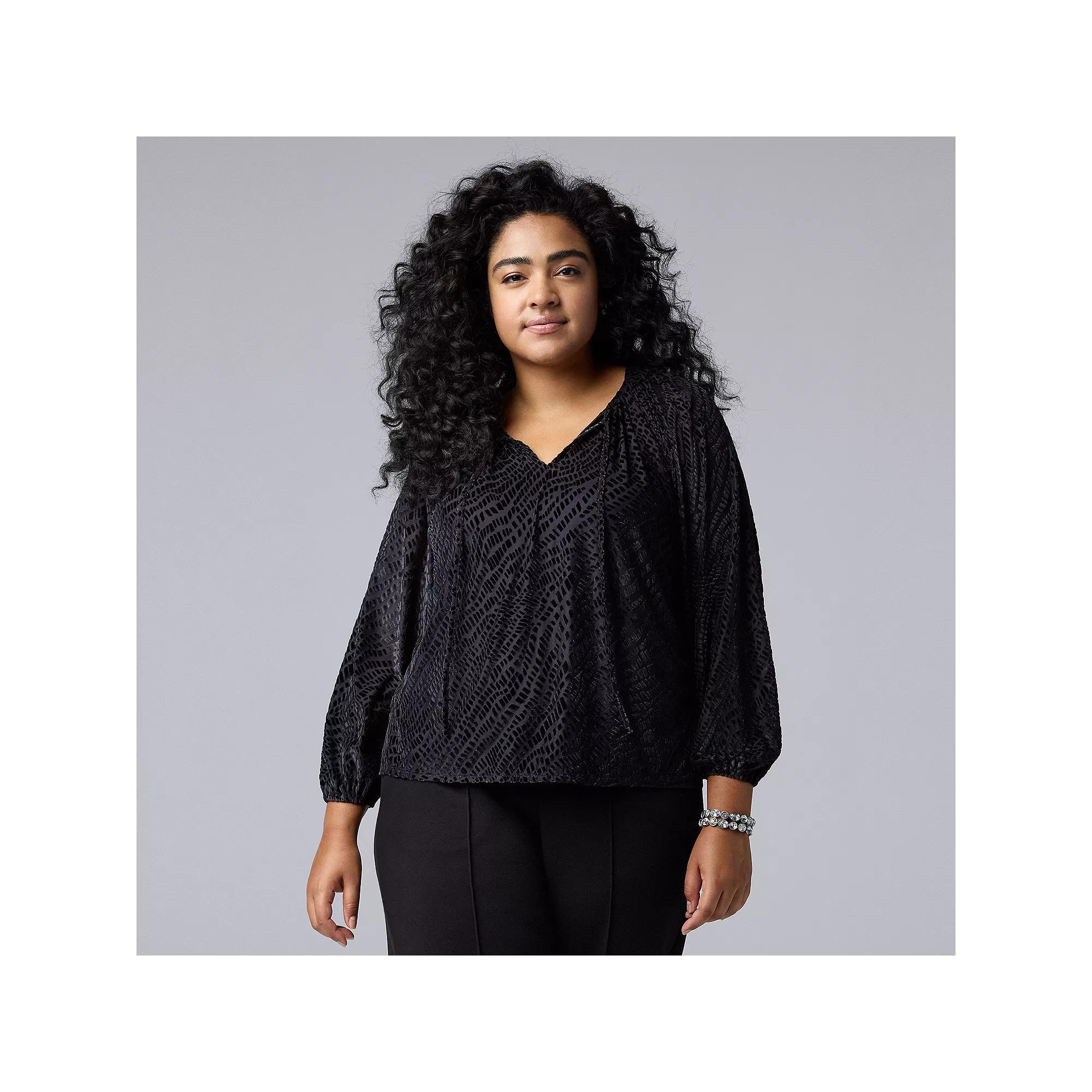 Plus Size Simply Vera Vera Wang Tie-Front Shirred Blouse, Women's, Size: 1XL, Black Product Image