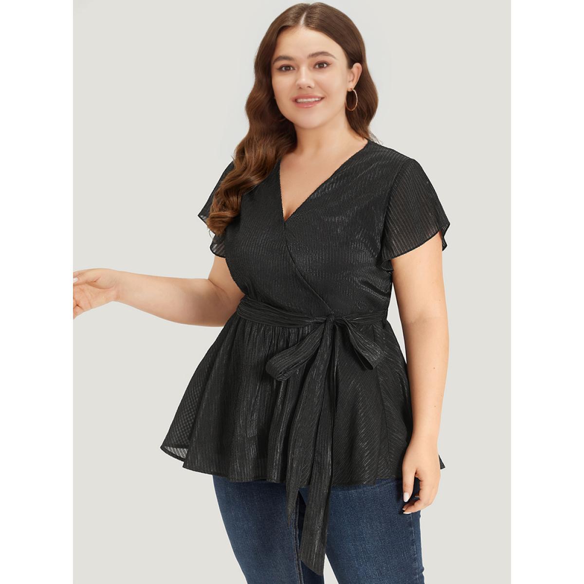 Plus Size Black Plain Plisse Surplice Neck Belted Flutter Blouse Women Elegant Short sleeve V-neck Dailywear Blouses BloomChic 30/6X Product Image