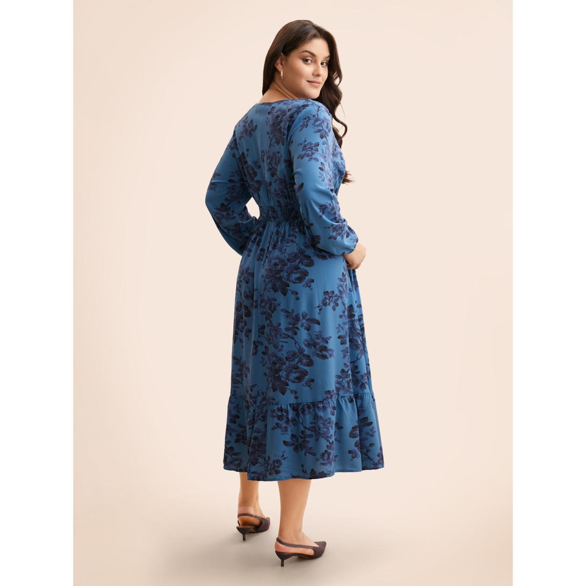 Plus Size Floral Wrap Lantern Sleeve Pocket Shirred Ruffle Hem Dress Indigo Women Elegant Pocket V-neck Long Sleeve Curvy Midi Dress BloomChic 14-16/1X Product Image
