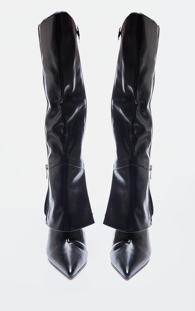 Black PU Point Toe Fold Over Zip Detail High Stiletto Heeled Boots Product Image