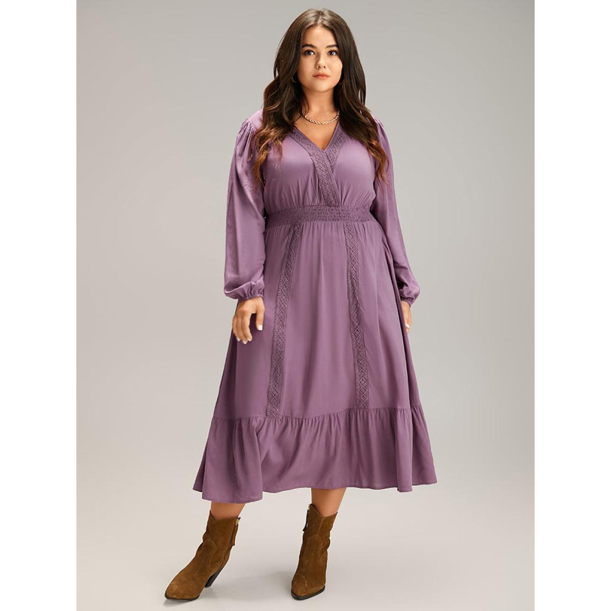 Plus Size Solid Eyelet Lace Shirred Wrap Flutter Hem Dress Mauve Women Elegant Elastic cuffs V-neck Long Sleeve Curvy Midi Dress BloomChic 22-24/3X Product Image