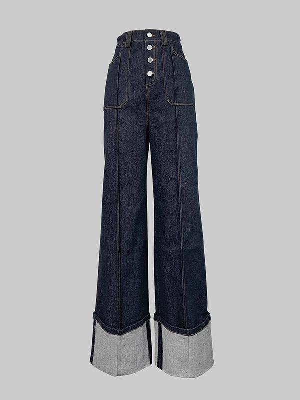 High Waisted Straight Leg Contrast Color Split-Joint Jean Pants Bottoms Product Image