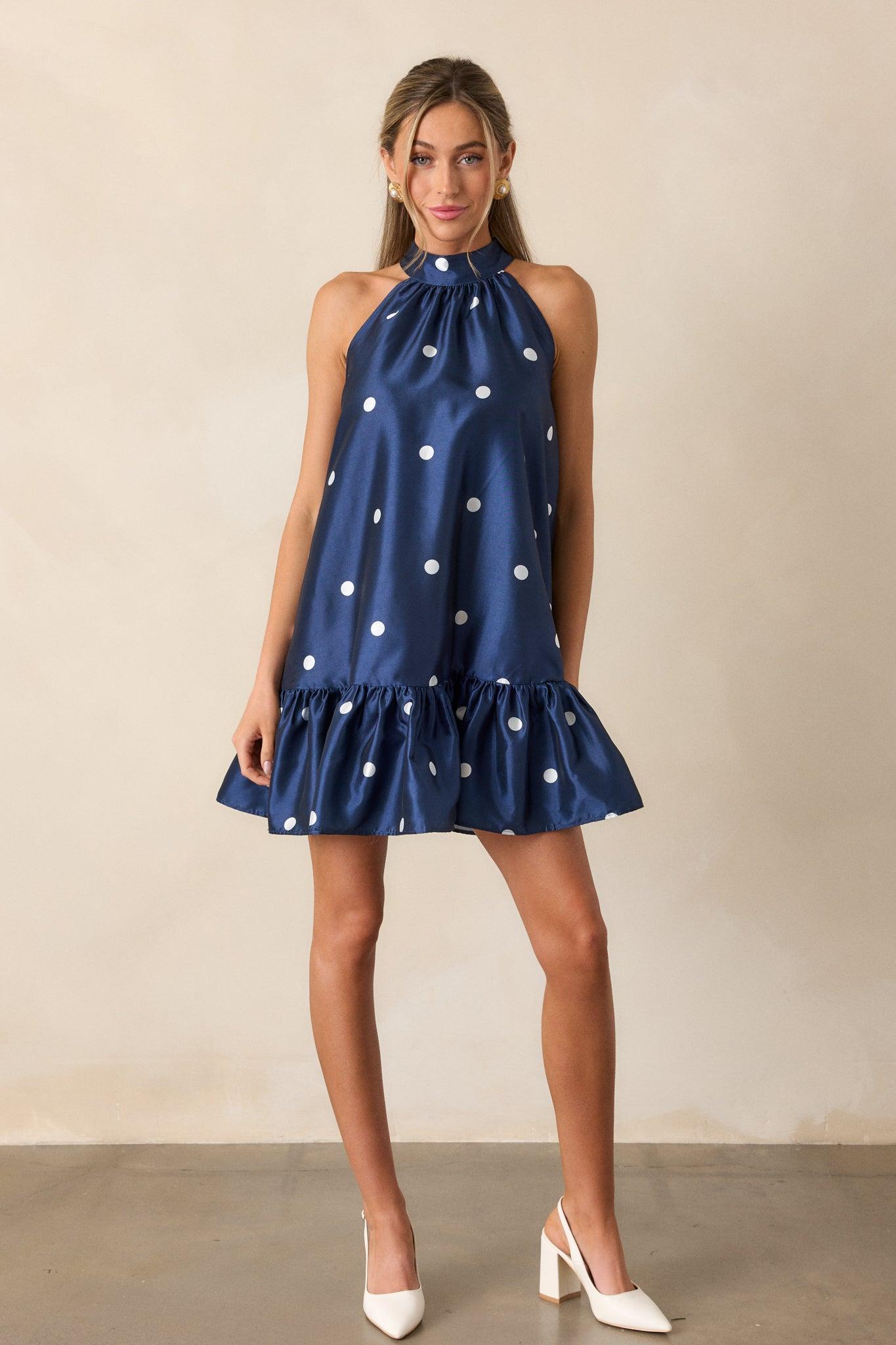 Sweet Soirée Navy Halter Polka Dot Mini Dress Product Image