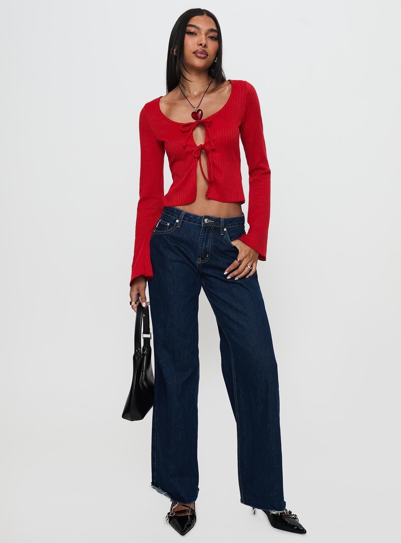 Rowynne Long Sleeve Tie Up Top Red Product Image