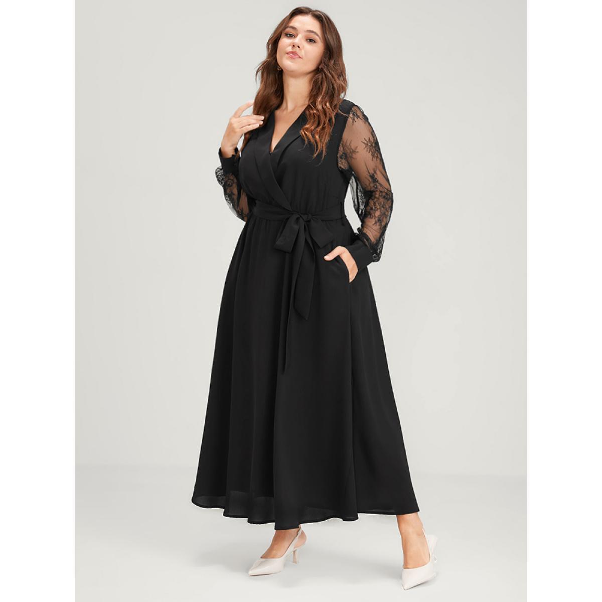 Plus Size Solid Lace Lantern Sleeve Button Lapel Collar Belted Maxi Dress Black Women Elegant Cross straps Lapel Collar Long Sleeve Curvy Long Dress BloomChic 22-24/3X Product Image