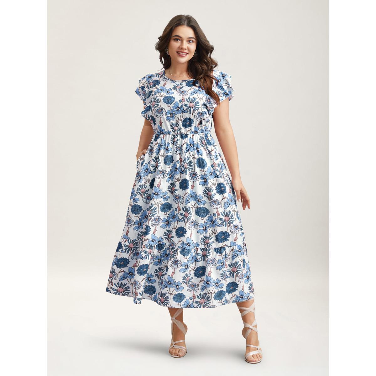 Plus Size Ruffled Floral Print Stretchy-Waist Midi Dress LightBlue Women Romantic Ruffles Round Neck Cap Sleeve Curvy BloomChic 10/M Product Image