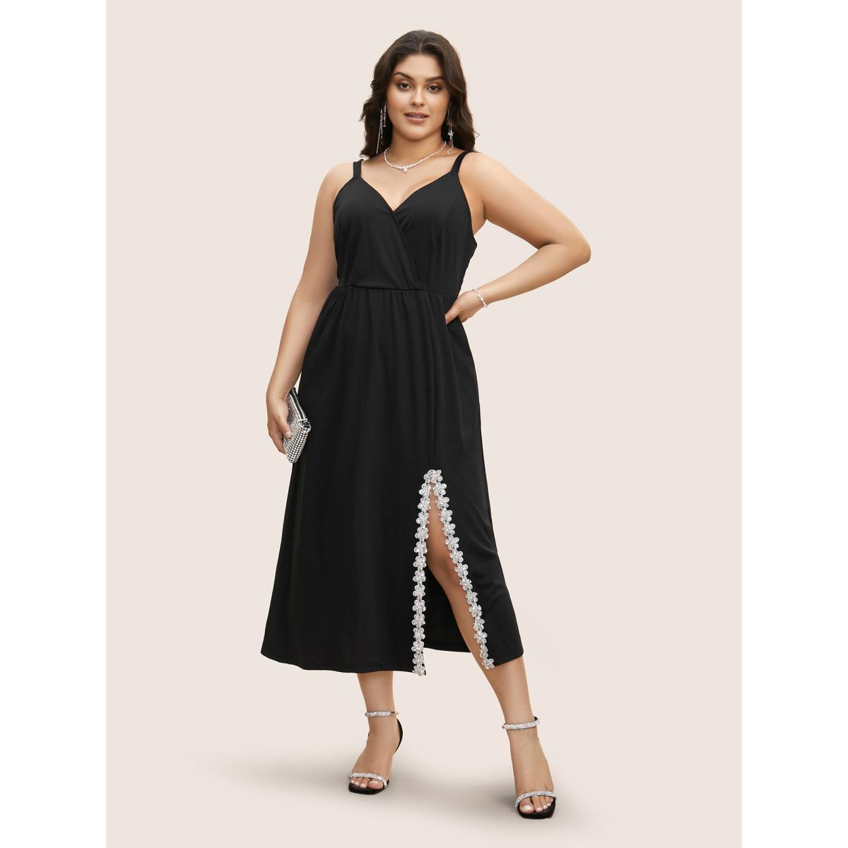 Plus Size Rhinestone Detail Floral Embroidered Split Front Dress Black Women Cocktail Rhinestone detailing V-neck Sleeveless Curvy BloomChic 12/L Product Image