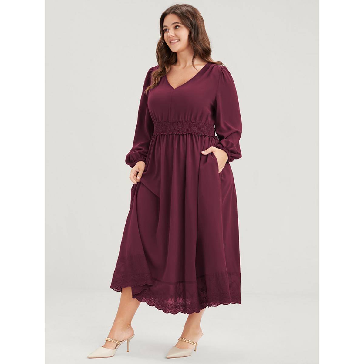 Plus Size Solid Pocket Lantern Sleeve Patchwork Ruffled Shirred Dress Burgundy Women Elegant Plain V-neck Long Sleeve Curvy Midi Dress BloomChic 30/6X Product Image