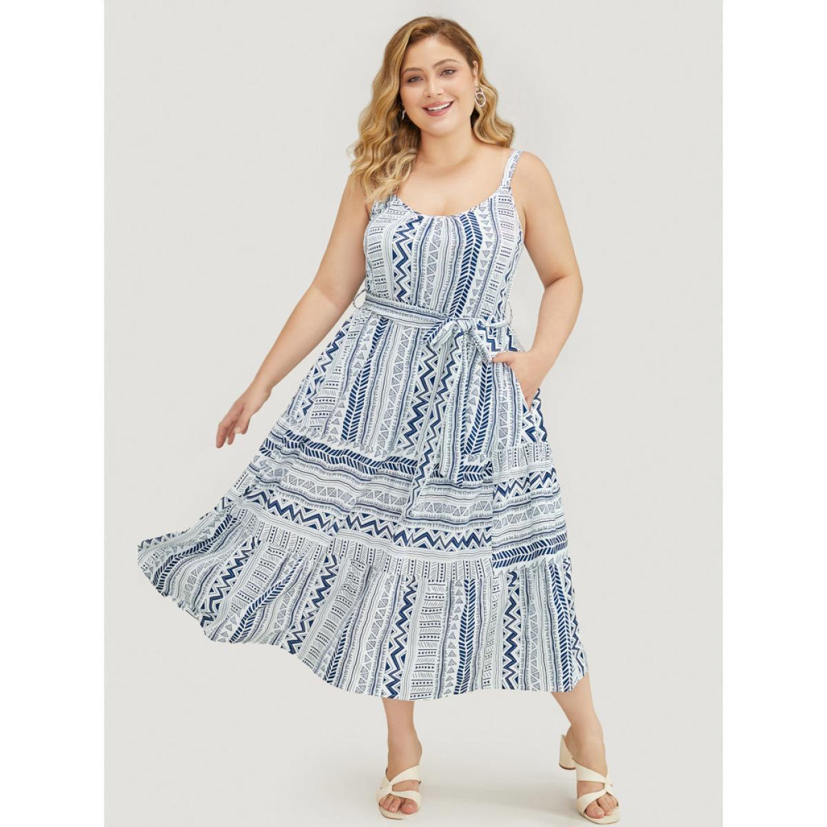 Plus Size Geometric Print Belted Flutter Tiered Pocket Cami Dress Aegean Women Vacation Adjustable Straps Spaghetti Strap Sleeveless Curvy Midi Dress BloomChic 18-20/2X Product Image