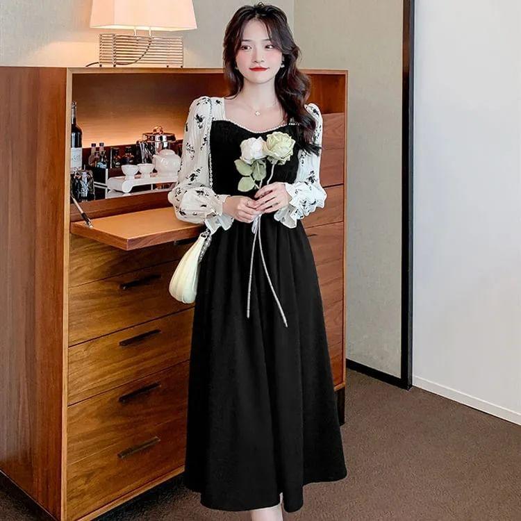 Long-Sleeve Square Neck Mock Two-Piece Floral Print Smocked Midi A-Line Dress Product Image