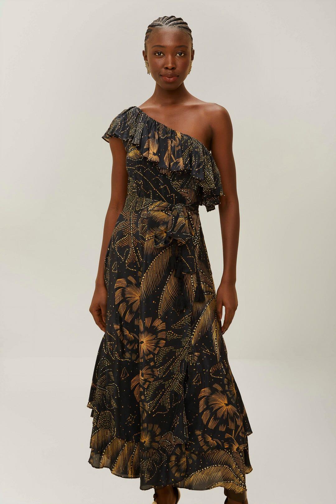 Black Golden Foliage One-Shoulder Maxi Dress, GOLDEN FOLIAGE BLACK / XXS Product Image