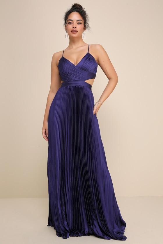 Got the Glam Navy Blue Pleated Cutout Maxi Dress Product Image