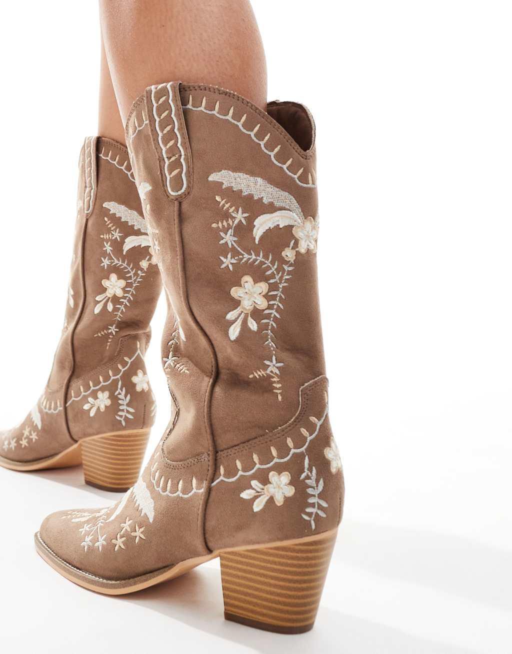 Glamorous embroidered western boots in tan Product Image