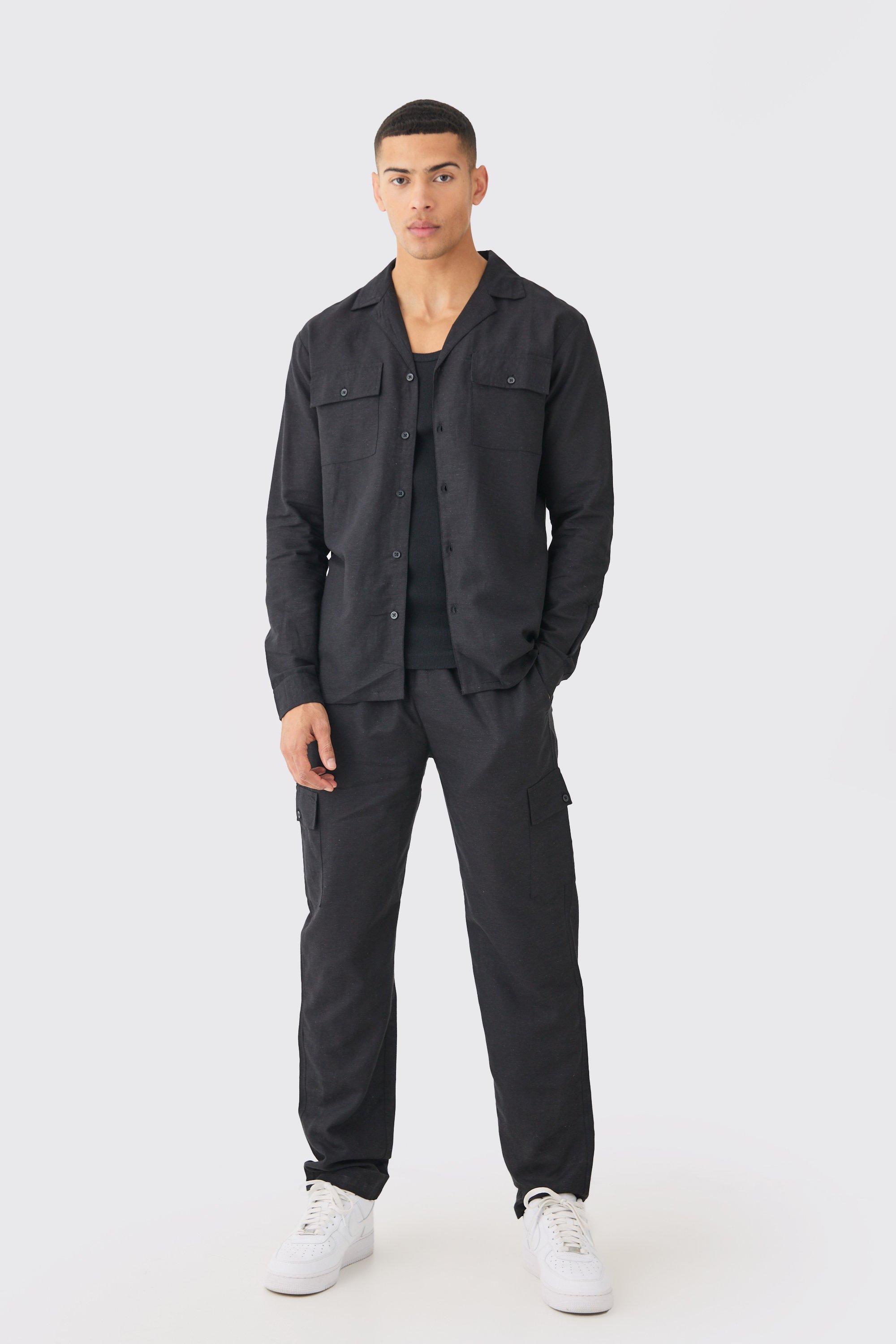 Long Sleeve Linen Cargo Shirt & Pants | boohooMAN USA Product Image