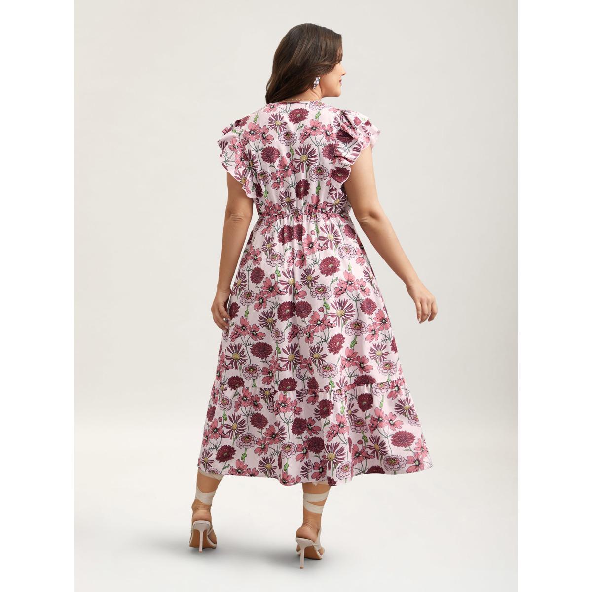 Plus Size Ruffled Floral Print Stretchy-Waist Midi Dress Multicolor Women Romantic Ruffles Round Neck Cap Sleeve Curvy BloomChic 22-24/3X Product Image