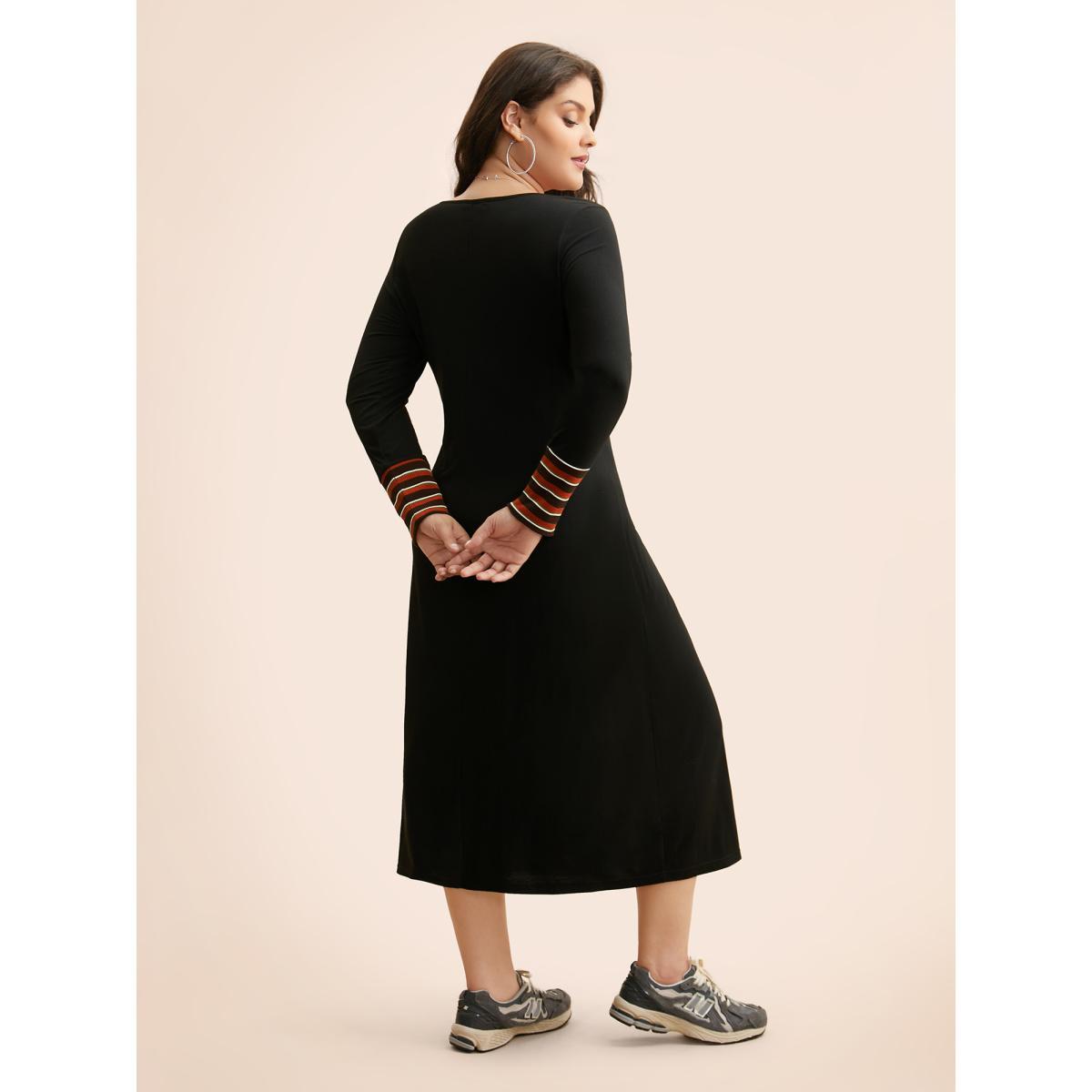 Plus Size Crew Neck Striped Patchwork Dress Black Women Casual Texture Round Neck Long Sleeve Curvy BloomChic 30/6X Product Image