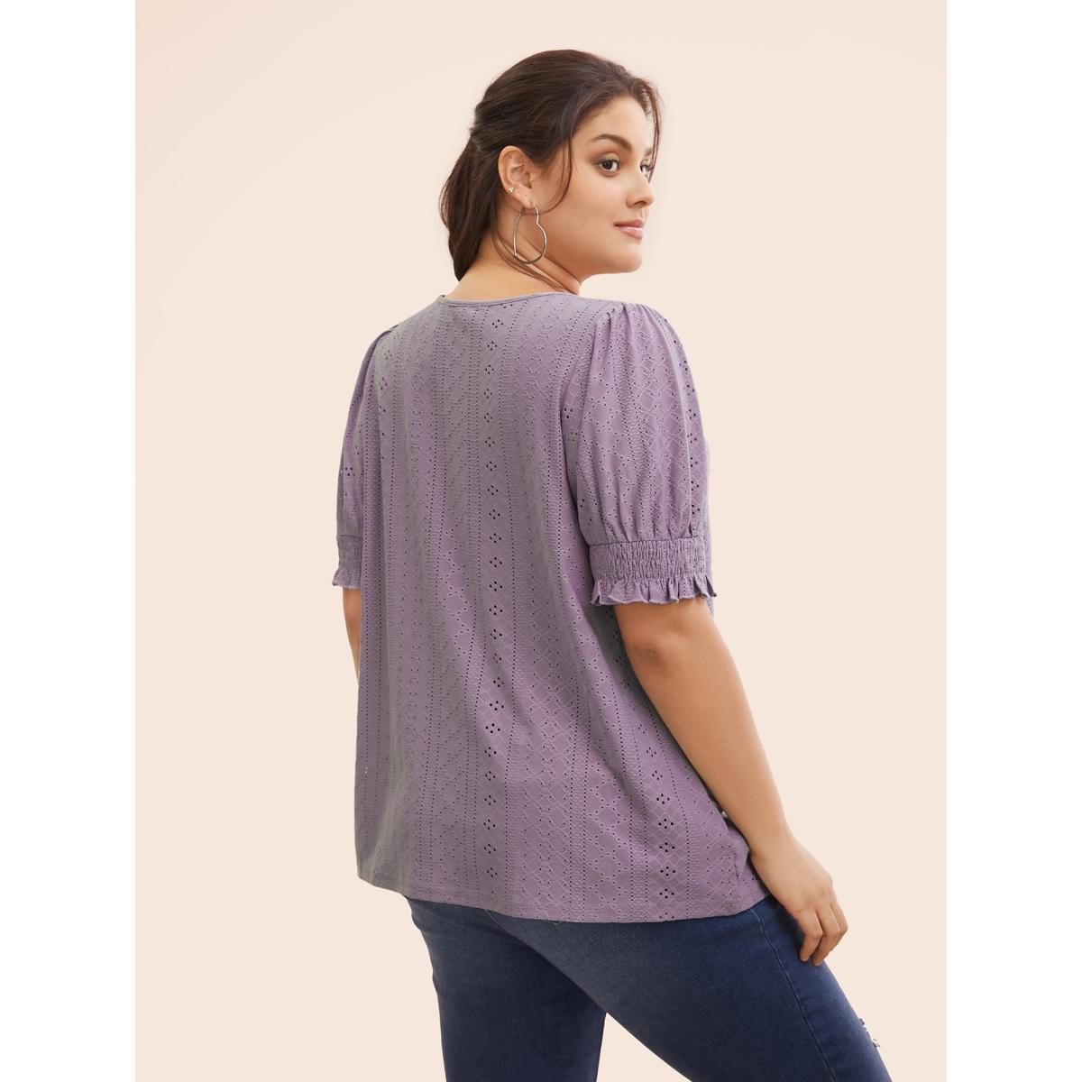 Plus Size Plain Broderie Anglaise Shirred Puff Sleeve Button Detail T-shirt Mauve Women Casual Button Plain V-neck Everyday T-shirts BloomChic 18-20/2X Product Image
