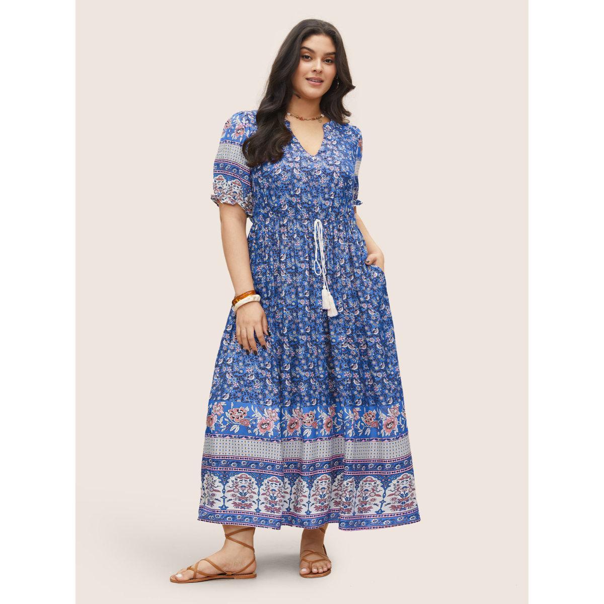 Plus Size Boho Print Notched Ties Tassel Trim Dress Blue Women Boho Non Flat collar with V-notch Short sleeve Curvy BloomChic 30/6X Product Image