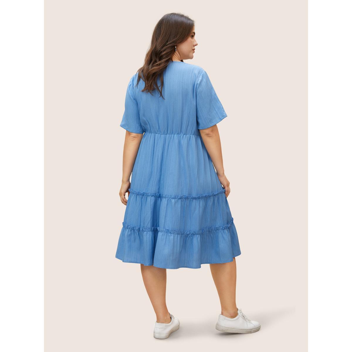 Plus Size Solid Button Detail Ruffle Layered Hem Dress LightBlue Women Casual V-neck Short sleeve Curvy Knee Dress BloomChic 22-24/3X Product Image