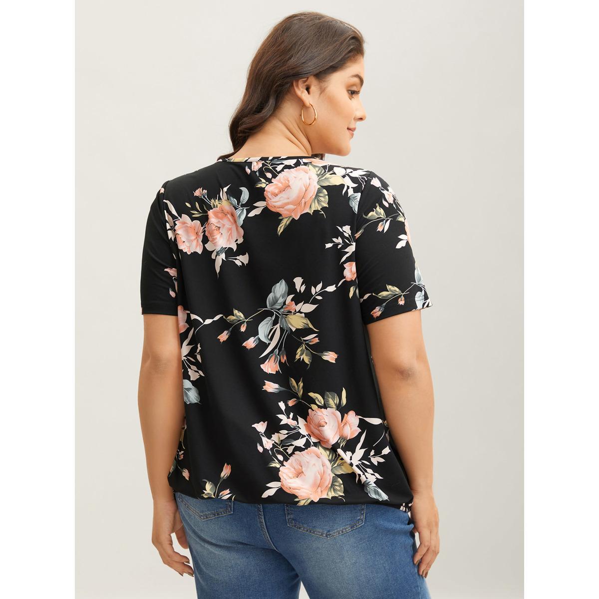 Plus Size Stretchy Larger Flower Print Neck Tie T-Shirt BlackFlower Women Contrast V-neck Everyday-Elegant T-shirts BloomChic 18-20/2X Product Image