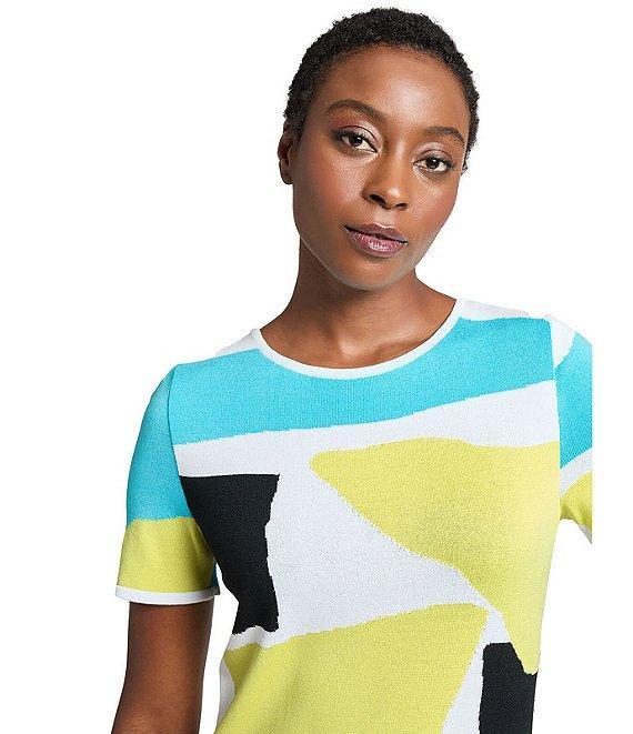 Ming Wang Soft Knit Abstract Color Block Round Neck Short Sleeve Dress Product Image