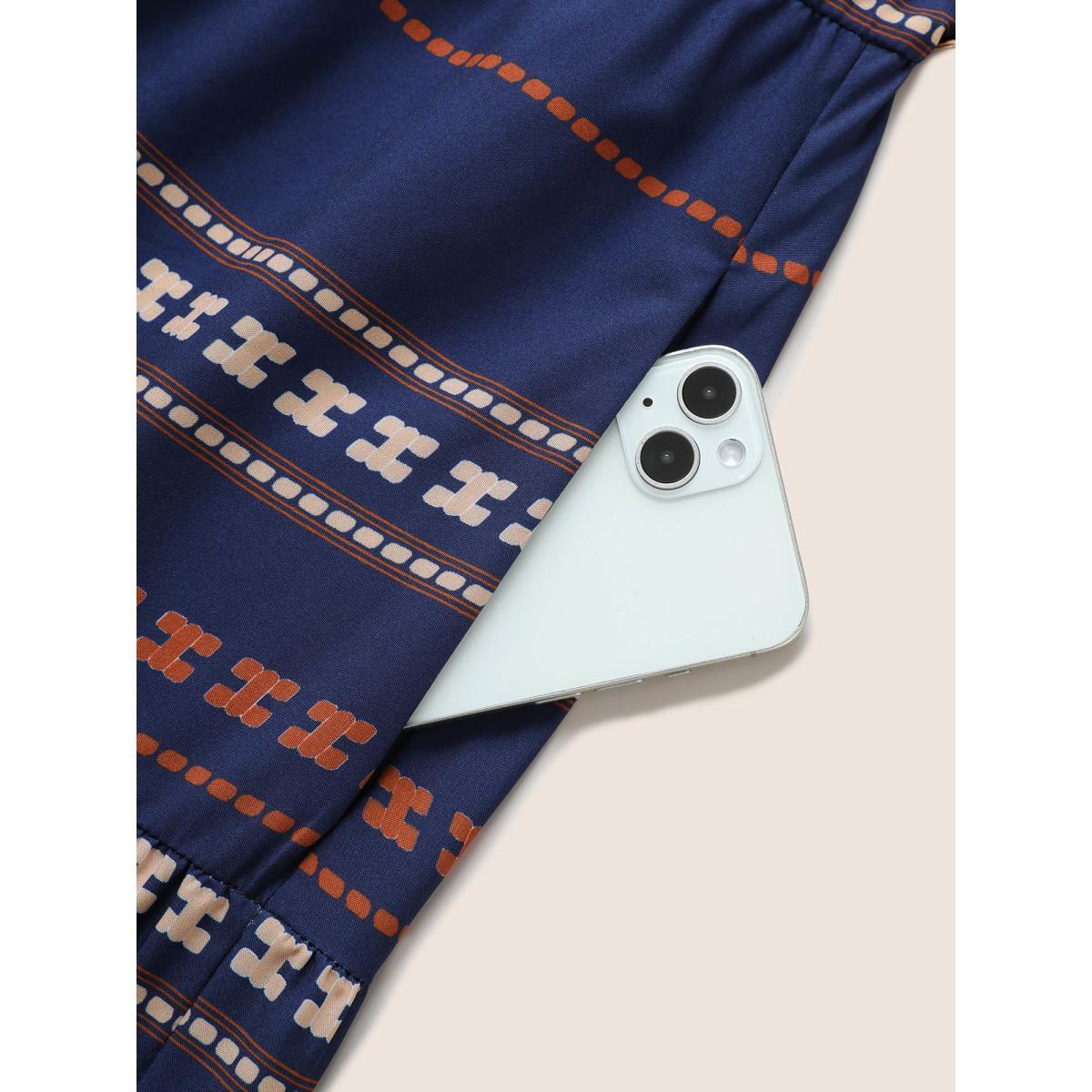 Plus Size Boho Print Wrap Flutter Sleeve Belted Dress DarkBlue Women Resort Overlapping Overlap Collar Short sleeve Curvy Midi Dress BloomChic 10/M Product Image