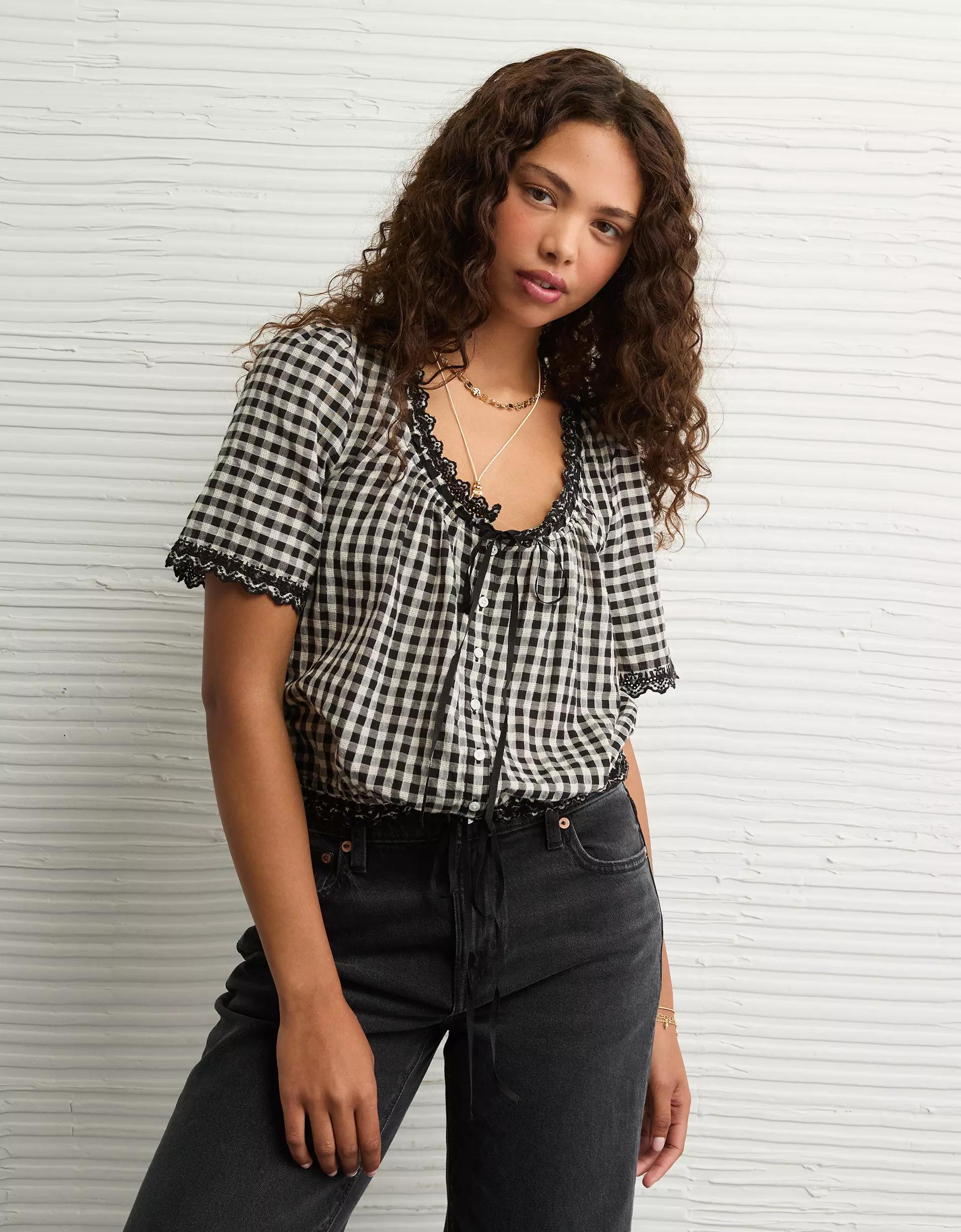 AE Short-Sleeve Gingham Button-Up Blouse Product Image