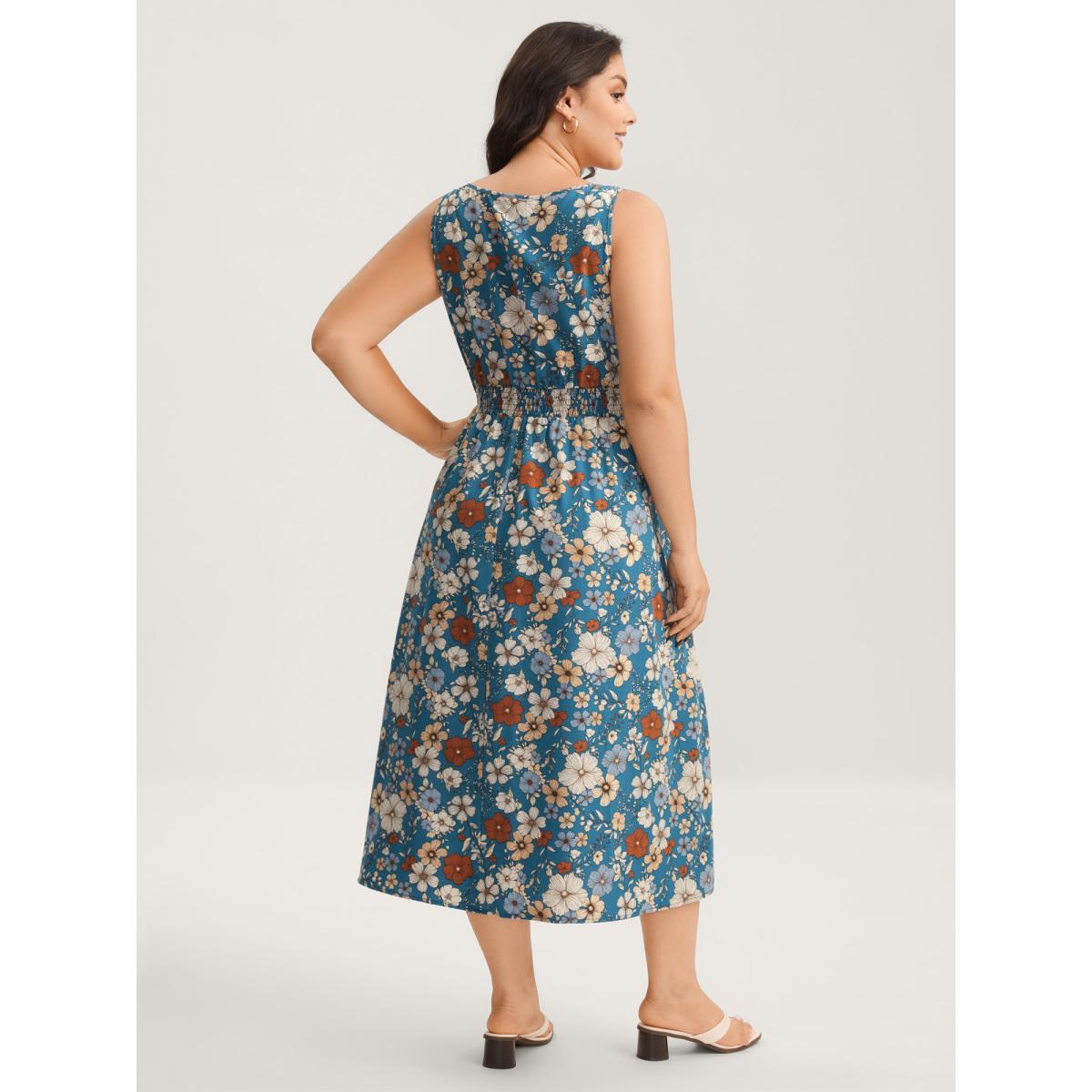 Plus Size Floral Print Shirred Waist Midi Dress Mediumblue Women Timeless Square Neck Sleeveless Curvy BloomChic 12/L Product Image