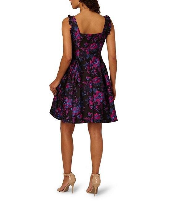Adrianna Papell Jacquard Ruffle Strap Sleeveless Square Neck Floral Print Dress Product Image