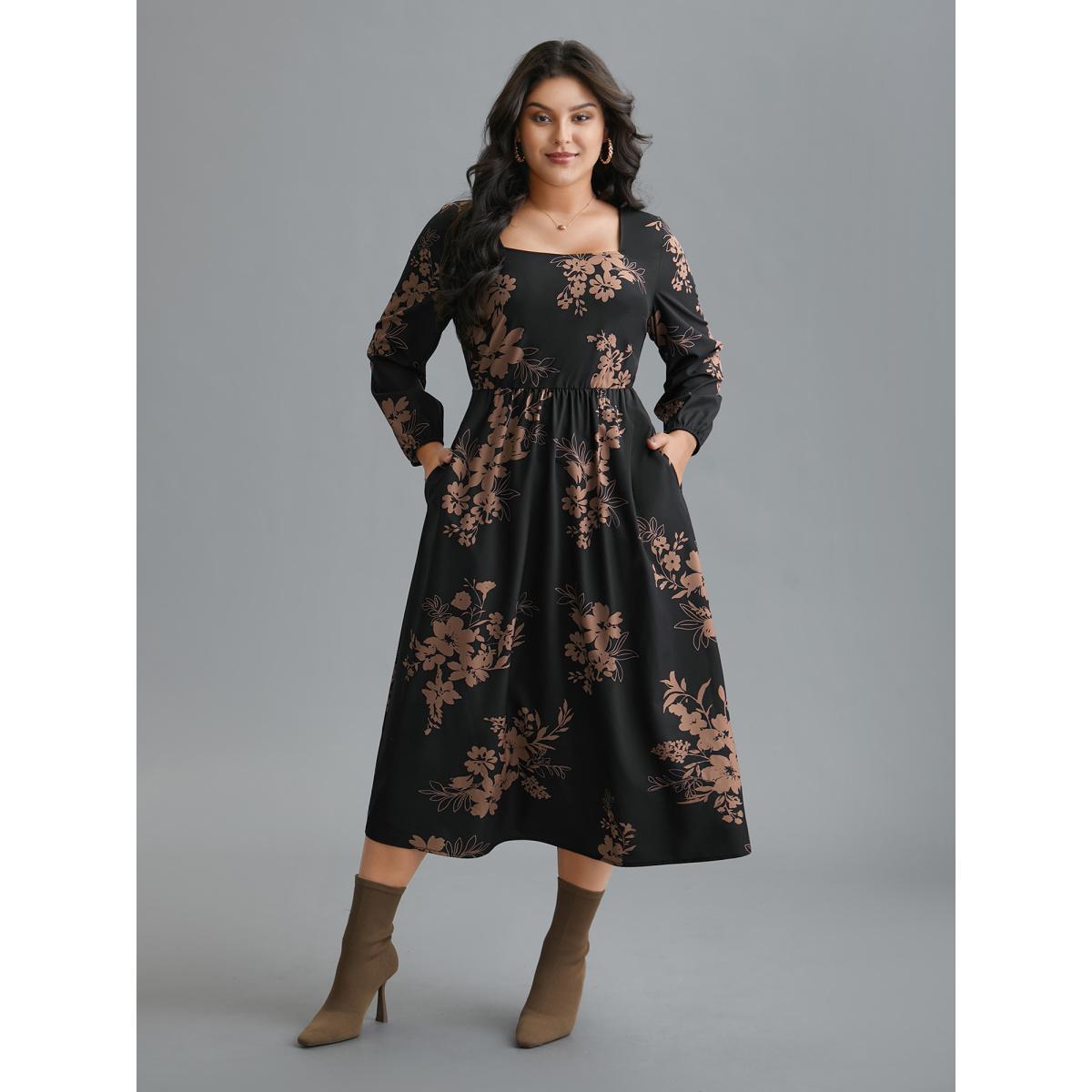 Plus Size Floral Square Neck Pocket Midi Dress Black Women Elegant Non Square Neck Long Sleeve Curvy BloomChic 18-20/2X Product Image