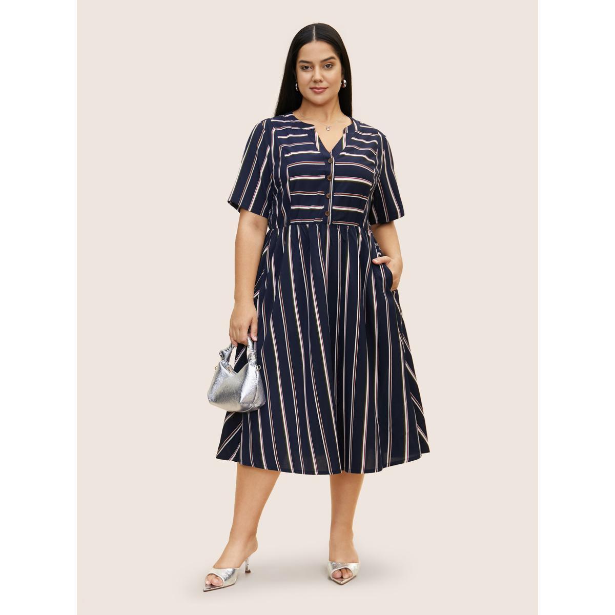 Plus Size Notched Collar Striped Elastic Waist Midi Dress DarkBlue Women At the Office Button Notched collar Short sleeve Curvy BloomChic 10/M Product Image