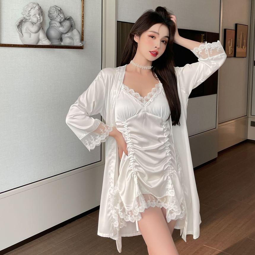 Set: Spaghetti Strap V-Neck Lace Trim Drawstring Slit Nightdress + Pajama Robe Product Image