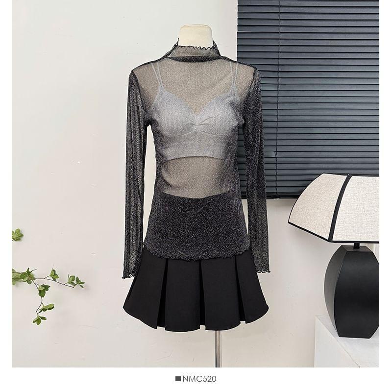 Glitter Mock-Neck Sheer Mesh Top in 9 Colors Product Image