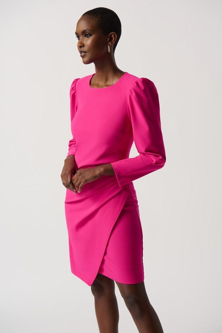 Stretch Twill Sheath Dress With Puff Sleeves- Shocking Pink Product Image