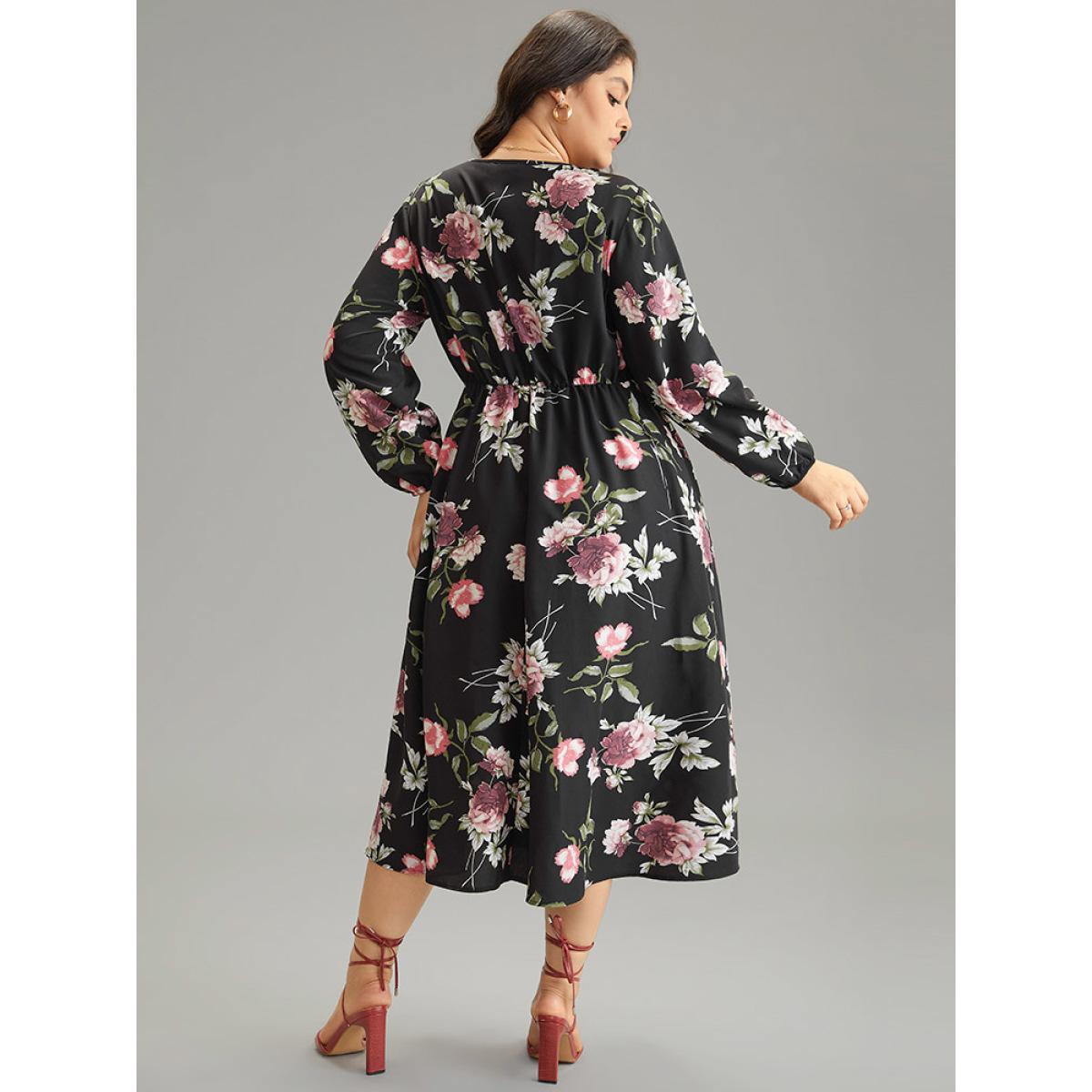 Plus Size Floral Print Pocket Button Detail Pleated Dress BlackFlower Women Elegant Elastic cuffs V-neck Long Sleeve Curvy Midi Dress BloomChic 18-20/2X Product Image